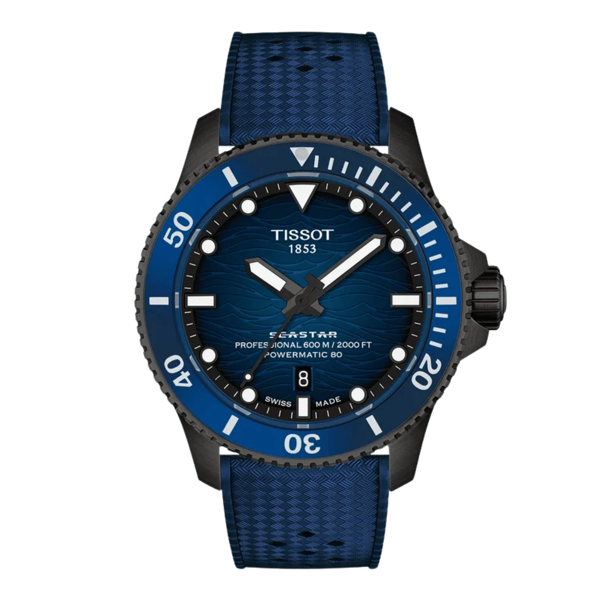 Montre Tissot Seastar 2000 Powermatic 80 cadran bleu bracelet caoutchouc 44 mm