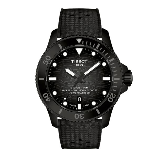 Tissot Seastar 2000 Powermatic 80 Watch with Black Dial and Rubber Strap – 44 mm