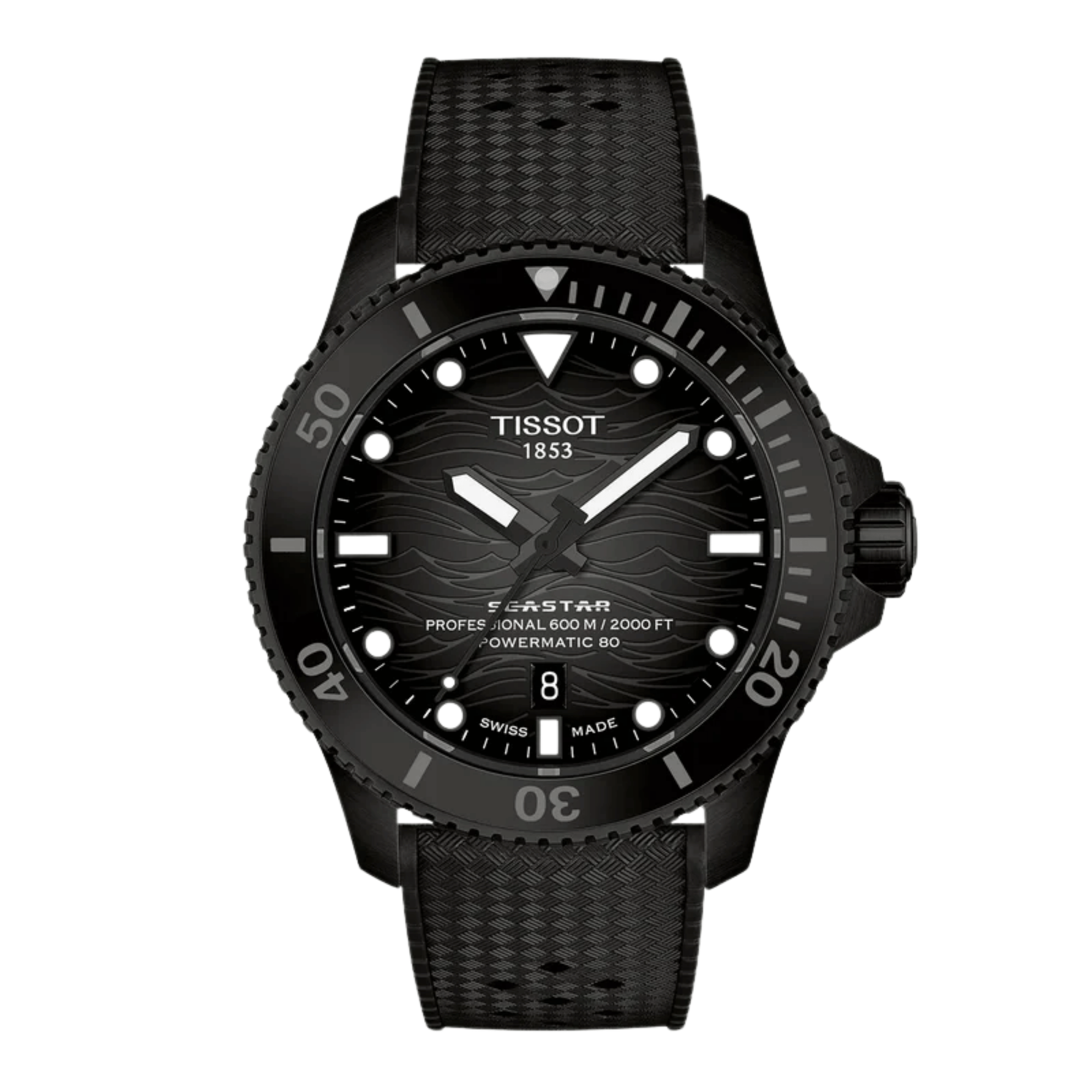 Tissot Seastar 2000 Powermatic 80 Watch with Black Dial and Rubber Strap – 44 mm