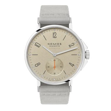 Nomos Ahoi Neomatik Sable automatic watch sapphire back sand dial grey fabric strap 36 mm