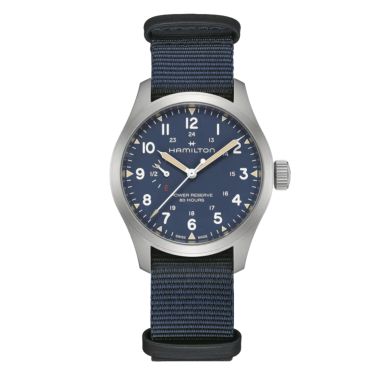 Montre Hamilton Khaki Field Power Reserve cadran bleu bracelet tissu bleu 40 mm
