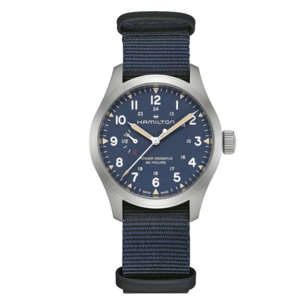 Montre Hamilton Khaki Field Power Reserve cadran bleu bracelet tissu bleu 40 mm