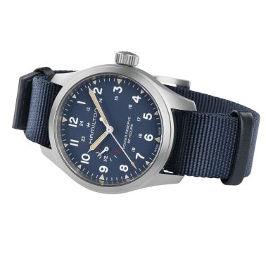 Montre Hamilton Khaki Field Power Reserve cadran bleu bracelet tissu bleu 40 mm