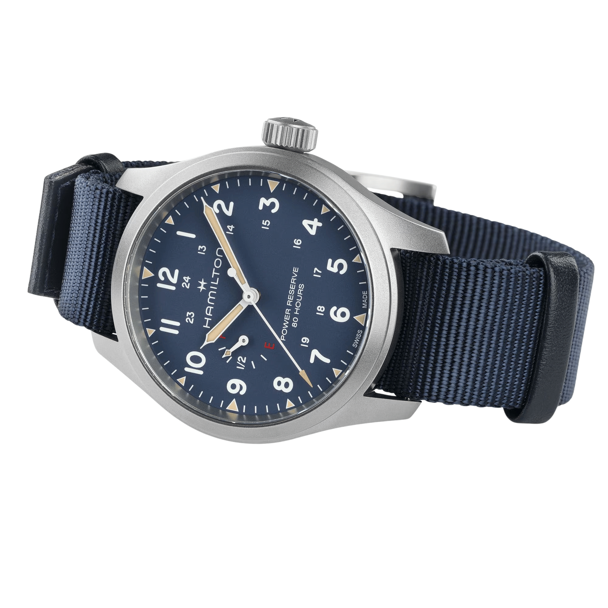 Montre Hamilton Khaki Field Power Reserve cadran bleu bracelet tissu bleu 40 mm