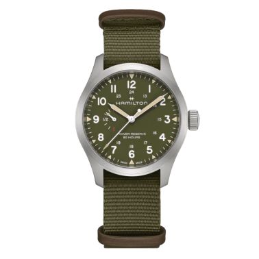 Montre Hamilton Khaki Field Power Reserve cadran vert bracelet tissu vert 40 mm