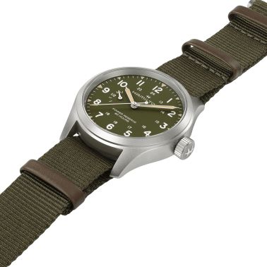 Montre Hamilton Khaki Field Power Reserve cadran vert bracelet tissu vert 40 mm