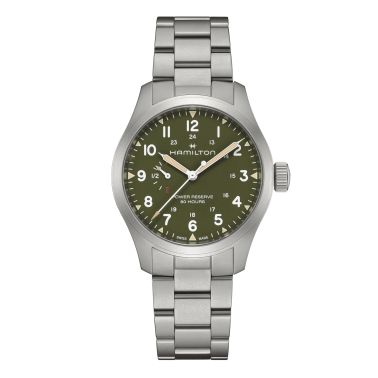 Montre Hamilton Khaki Field Power Reserve cadran kaki bracelet acier 40 mm