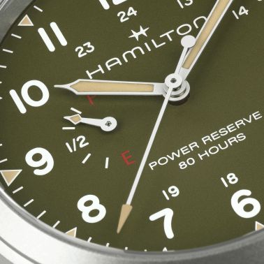 Montre Hamilton Khaki Field Power Reserve cadran kaki bracelet acier 40 mm
