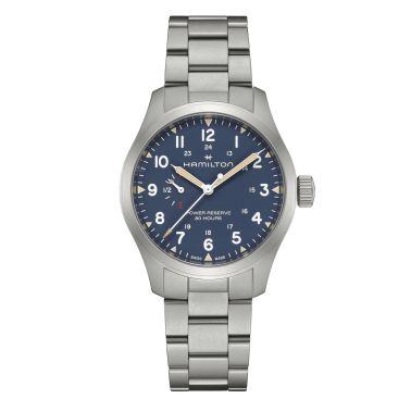 Montre Hamilton Khaki Field Power Reserve cadran bleu bracelet acier 40 mm