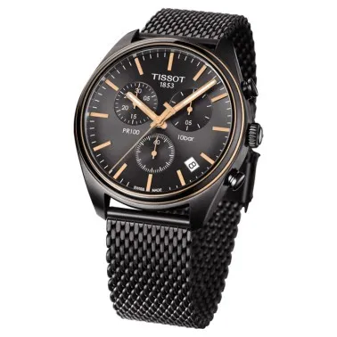Montre Tissot T-Classic PR 100 quartz chronographe cadran anthracite bracelet maille milanaise 41 mm T101.417.23.061.00