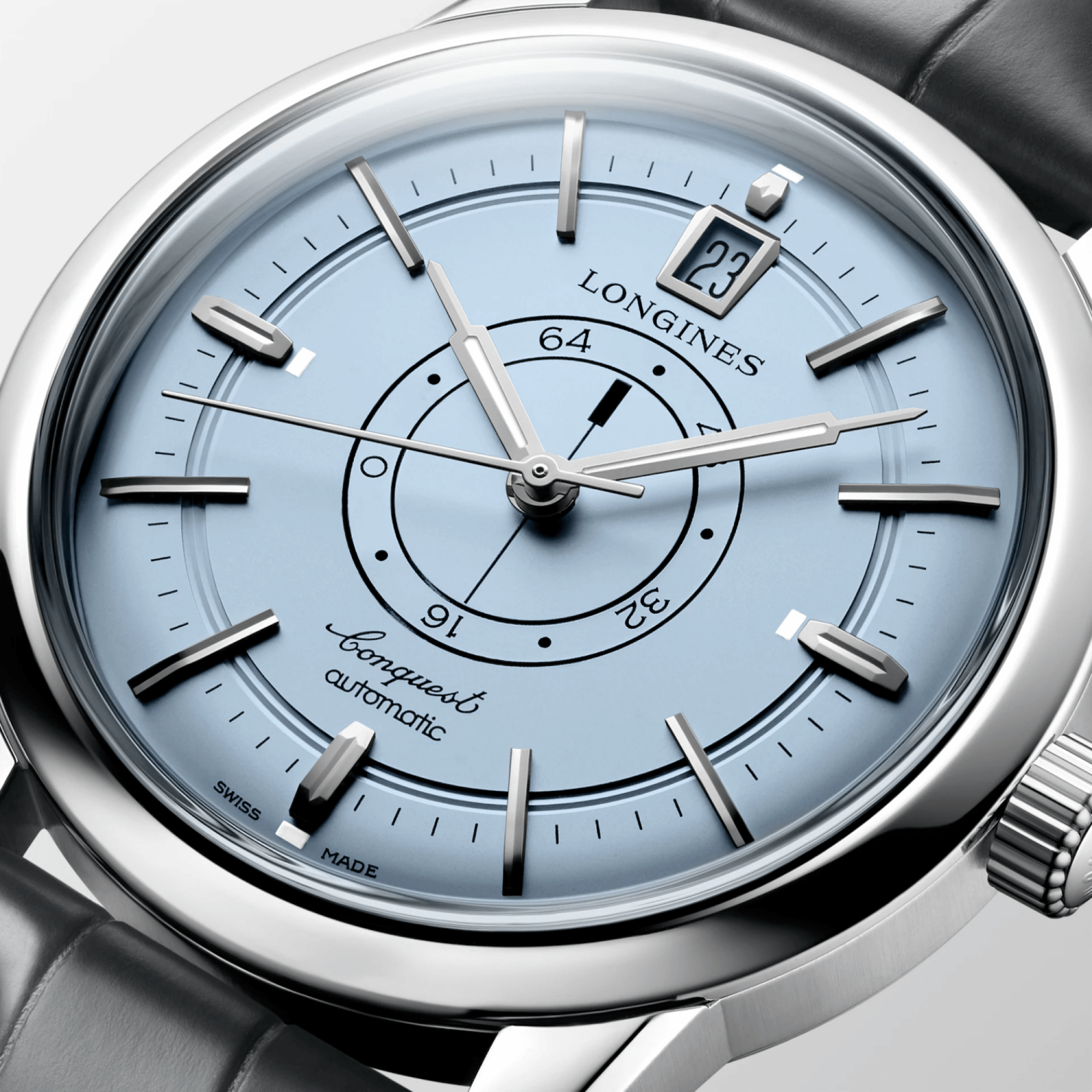 Montre Longines Conquet Heritage central power reserve automatique cadran bleu bracelet cuir bleu 38 mm