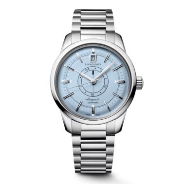 Montre Longines Conquet Heritage central power reserve automatique cadran bleu bracelet acier 38 mm