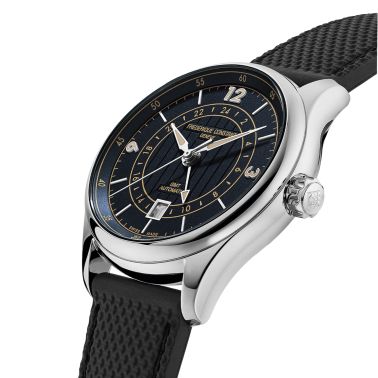 Frederique Constant Classics Runabout automatic GMT blue dial caoutchouc bracelet 42 mm