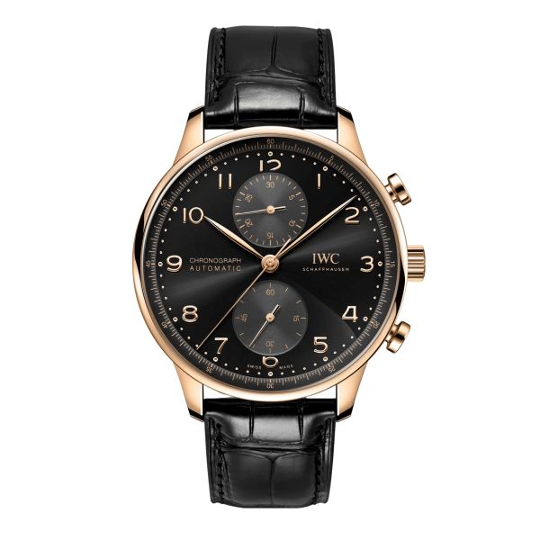 Montre IWC Portugieser Chronographe automatique cadran noir et or rouge bracelet cuir 41 mm