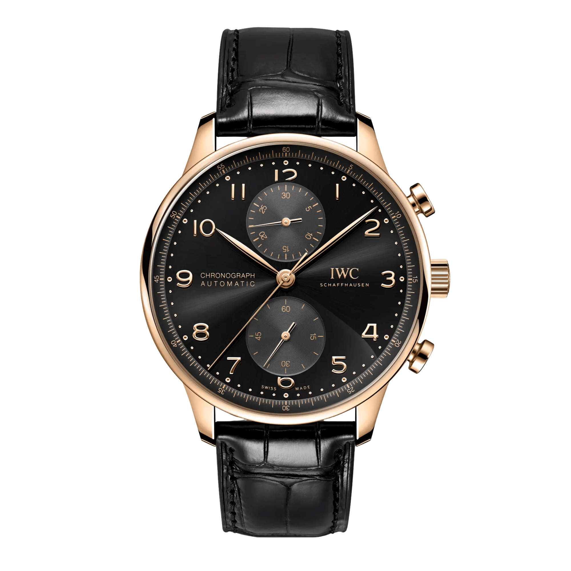 Montre IWC Portugieser Chronographe automatique cadran noir et or rouge bracelet cuir 41 mm