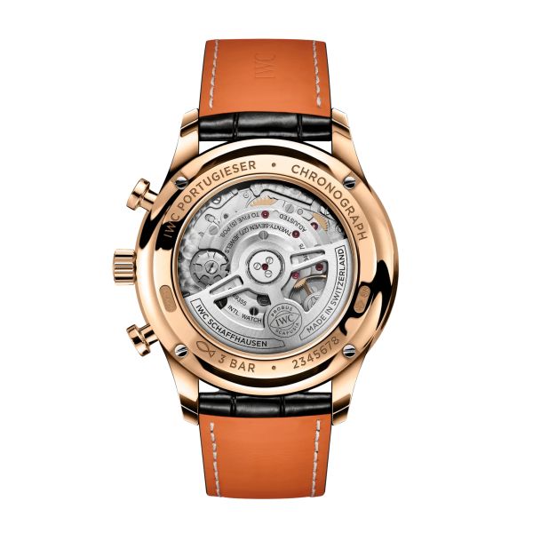 Montre IWC Portugieser Chronographe automatique cadran noir et or rouge bracelet cuir 41 mm