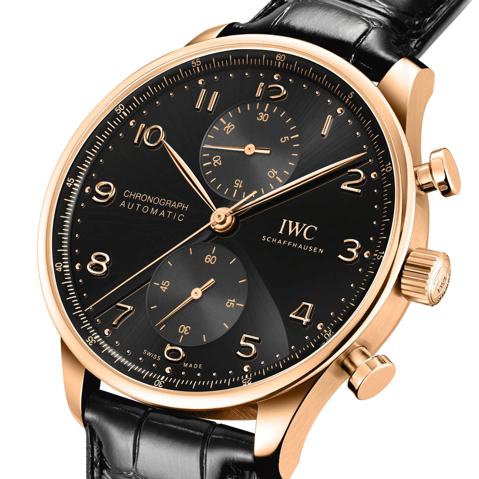 Montre IWC Portugieser Chronographe automatique cadran noir et or rouge bracelet cuir 41 mm