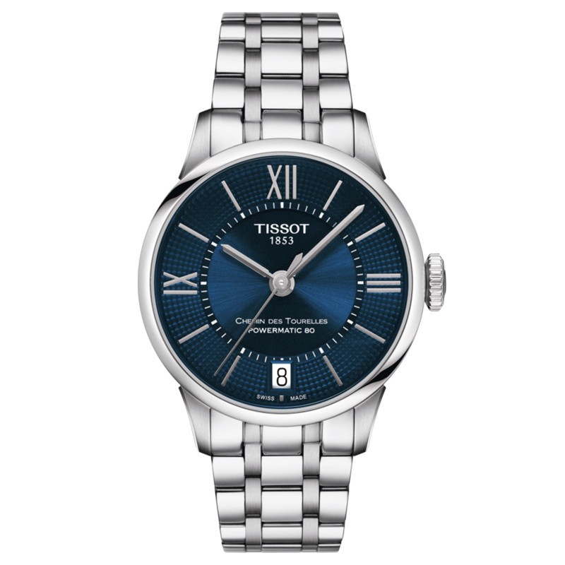 Montre Tissot T-Classic Chemin Des Tourelles Powermatic 80 cadran bleu bracelet acier 32 mm