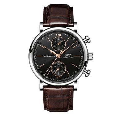 Montre IWC Portofino Chronographe automatique cadran noir bracelet cuir marron 39 mm