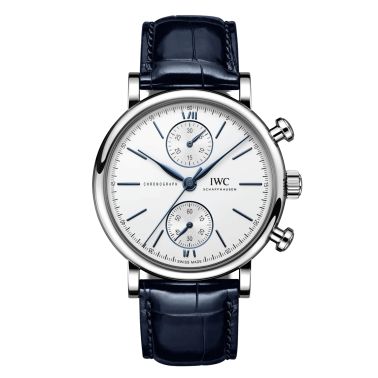 Montre IWC Portofino Chronographe automatique cadran argent bracelet cuir bleu 39 mm