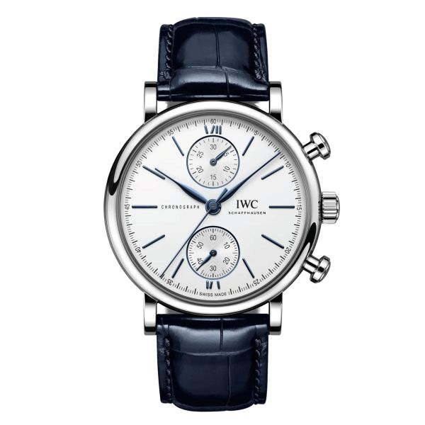 Montre IWC Portofino Chronographe automatique cadran argent bracelet cuir bleu 39 mm