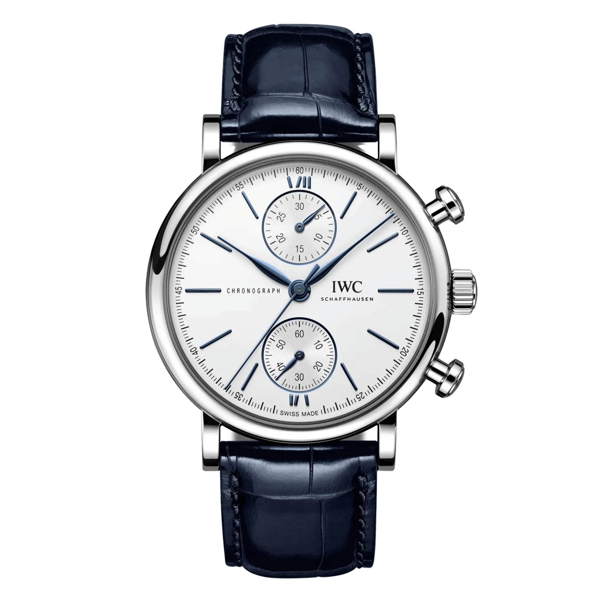 Montre IWC Portofino Chronographe automatique cadran argent bracelet cuir bleu 39 mm