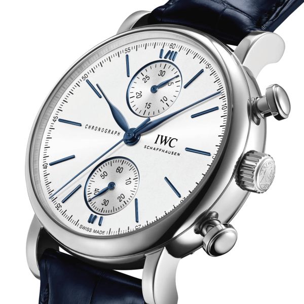 Montre IWC Portofino Chronographe automatique cadran argent bracelet cuir bleu 39 mm