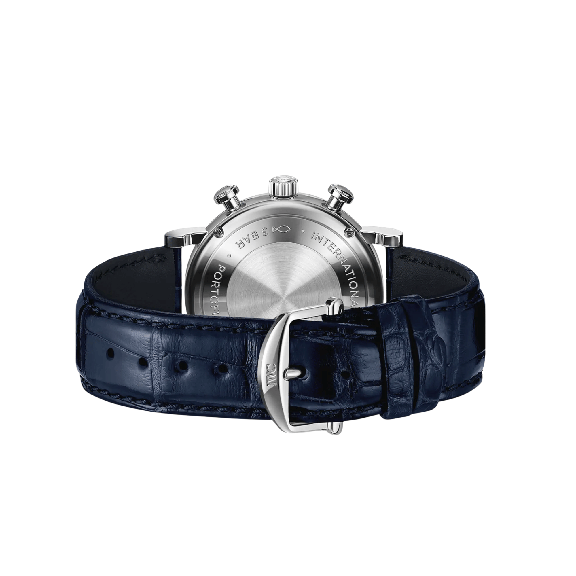 Montre IWC Portofino Chronographe automatique cadran argent bracelet cuir bleu 39 mm