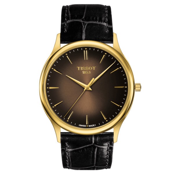 Montre Tissot T-Gold Excellence Gent quartz cadran marron bracelet cuir noir 40 mm
