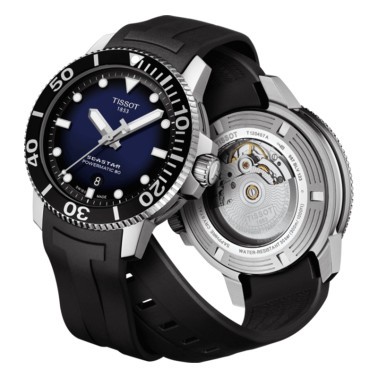 Montre Tissot T-Sport Seastar 1000 Powermatic 80 cadran bleu bracelet caoutchouc noir 43 mm T120.407.17.041.00
