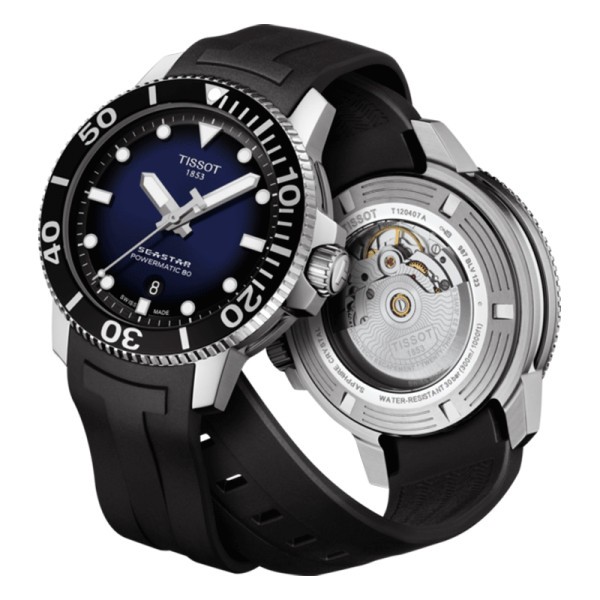 Montre Tissot T-Sport Seastar 1000 Powermatic 80 cadran bleu bracelet caoutchouc noir 43 mm T120.407.17.041.00