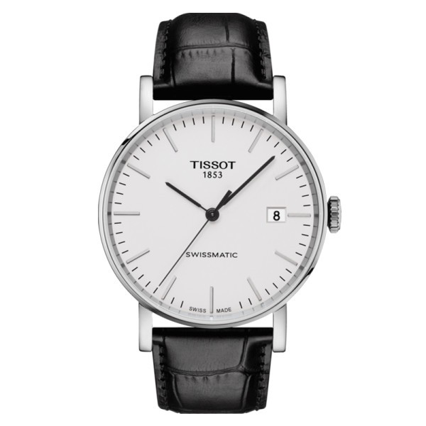 Montre Tissot T-Classic Everytime Swissmatic cadran argent bracelet cuir noir 40 mm