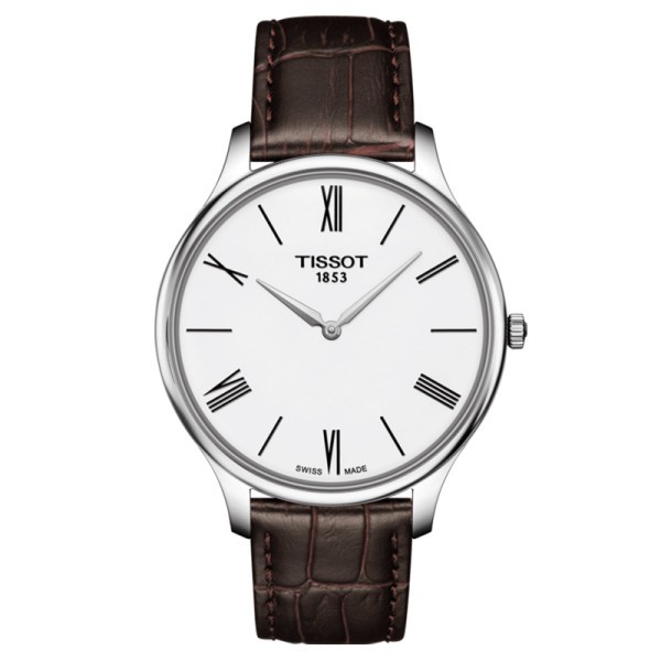 Montre Tissot T-Classic Tradition quartz cadran blanc bracelet cuir brun 39 mm
