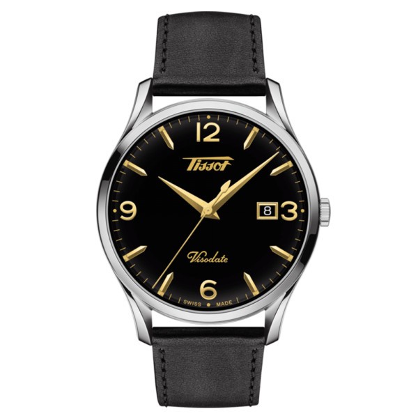 Montre Tissot Heritage Visodate quartz cadran noir index chiffres arabes bracelet cuir noir 40 mm