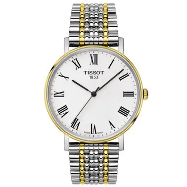 Montre Tissot T-Classic Everytime Gent quartz cadran argent chiffres romains bracelet acier bicolore 38 mm