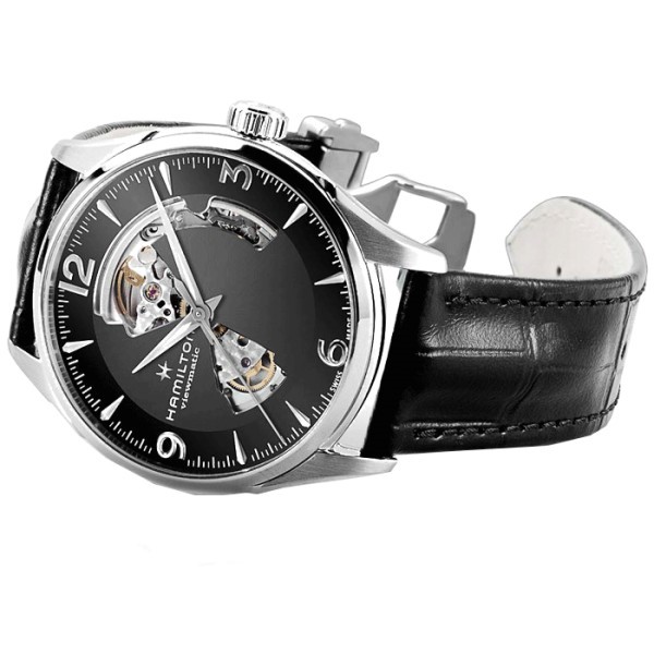 Montre Hamilton Jazzmaster Open Heart cadran noir bracelet cuir noir 42 mm