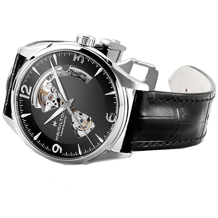 Montre Hamilton Jazzmaster Open Heart cadran noir bracelet cuir noir 42 mm