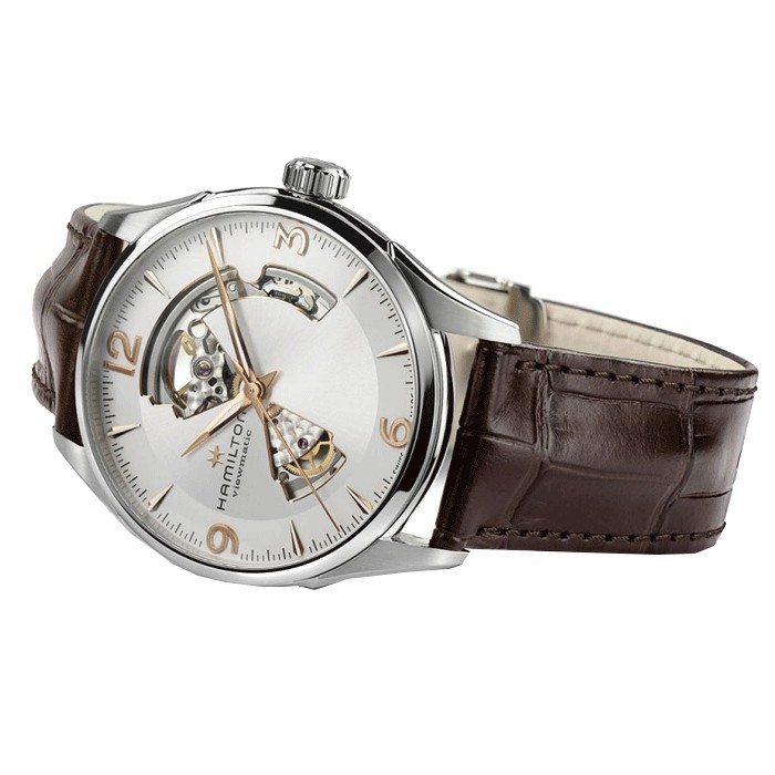 Montre Hamilton Jazzmaster Open Heart cadran argenté bracelet cuir marron 42 mm H32705551