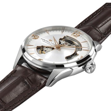 Montre Hamilton Jazzmaster Open Heart cadran argenté bracelet cuir marron 42 mm H32705551