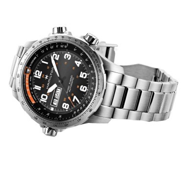 Montre Hamilton Khaki Aviation X-Wind Day Date cadran noir bracelet acier 45 mm