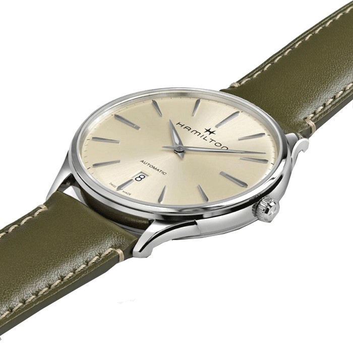Montre Hamilton Jazzmaster Thinline cadran champagne bracelet cuir olive 40 mm