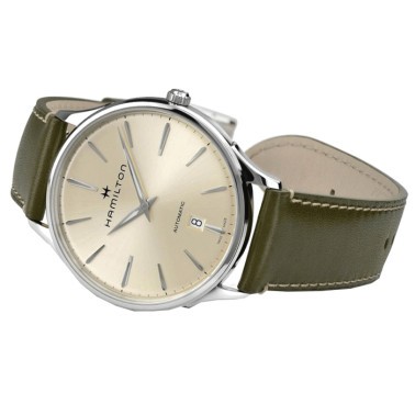 Montre Hamilton Jazzmaster Thinline cadran champagne bracelet cuir olive 40 mm