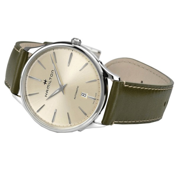 Montre Hamilton Jazzmaster Thinline cadran champagne bracelet cuir olive 40 mm