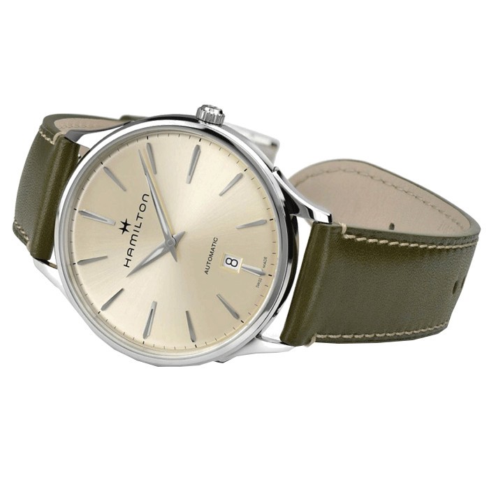 Montre Hamilton Jazzmaster Thinline cadran champagne bracelet cuir olive 40 mm