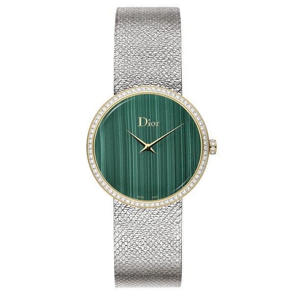 D de Dior Satine quartz watch malachite dial bezel diamonds 36 mm