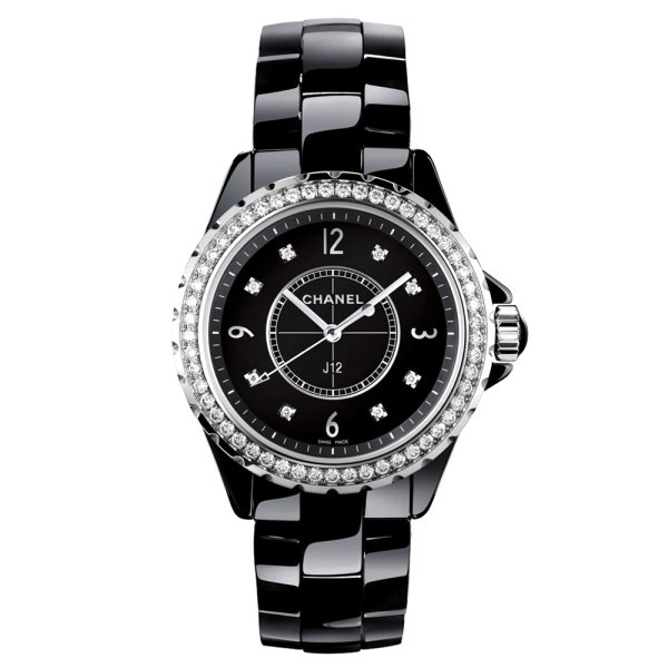 Montre Chanel J12 cadran noir lunette et index sertis bracelet céramique noire 33 mm