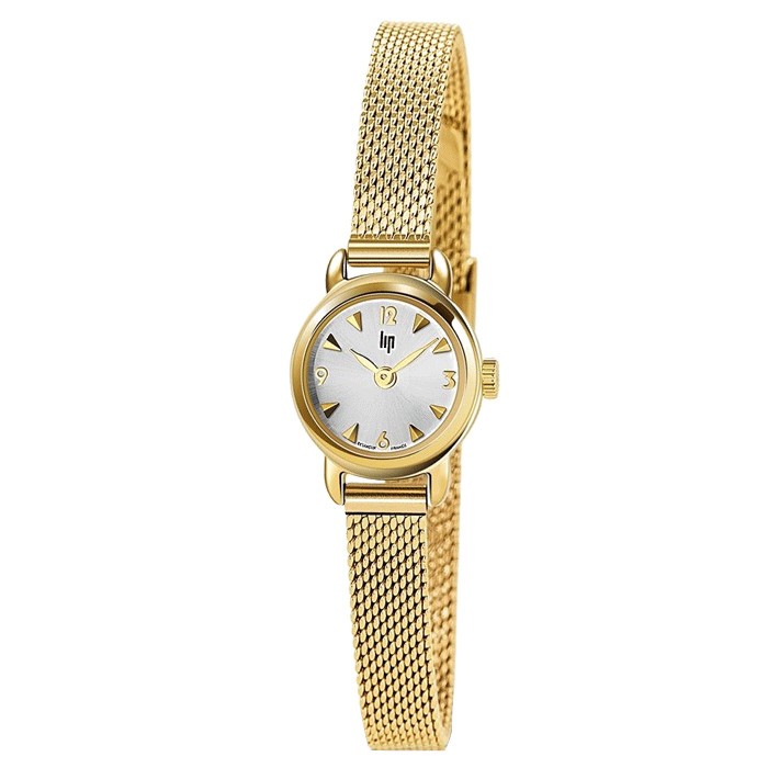 Montre Lip Henriette quartz cadran argent bracelet maille milanaise dorée 18,5 mm