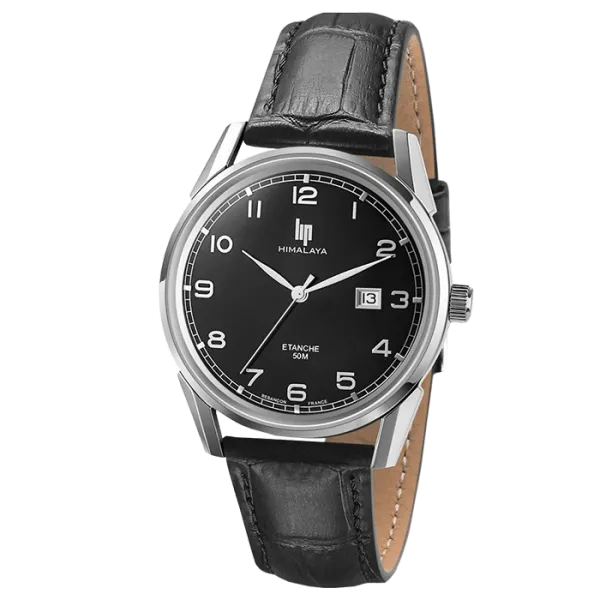 Marques vintage excellent rapport qualité prix Montre-lip-himalaya-quartz-cadran-noir-bracelet-cuir-noir-40-mm