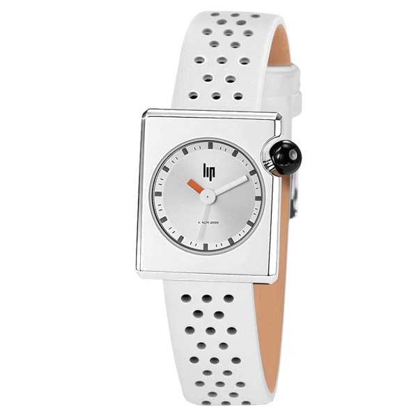 Montre Lip Mach 2000 Mini Square quartz cadran argent bracelet cuir perforé blanc