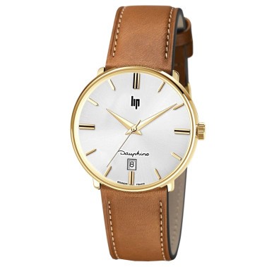 Montre Lip Dauphine quartz acier PVD doré cadran argent bracelet cuir brun 38 mm